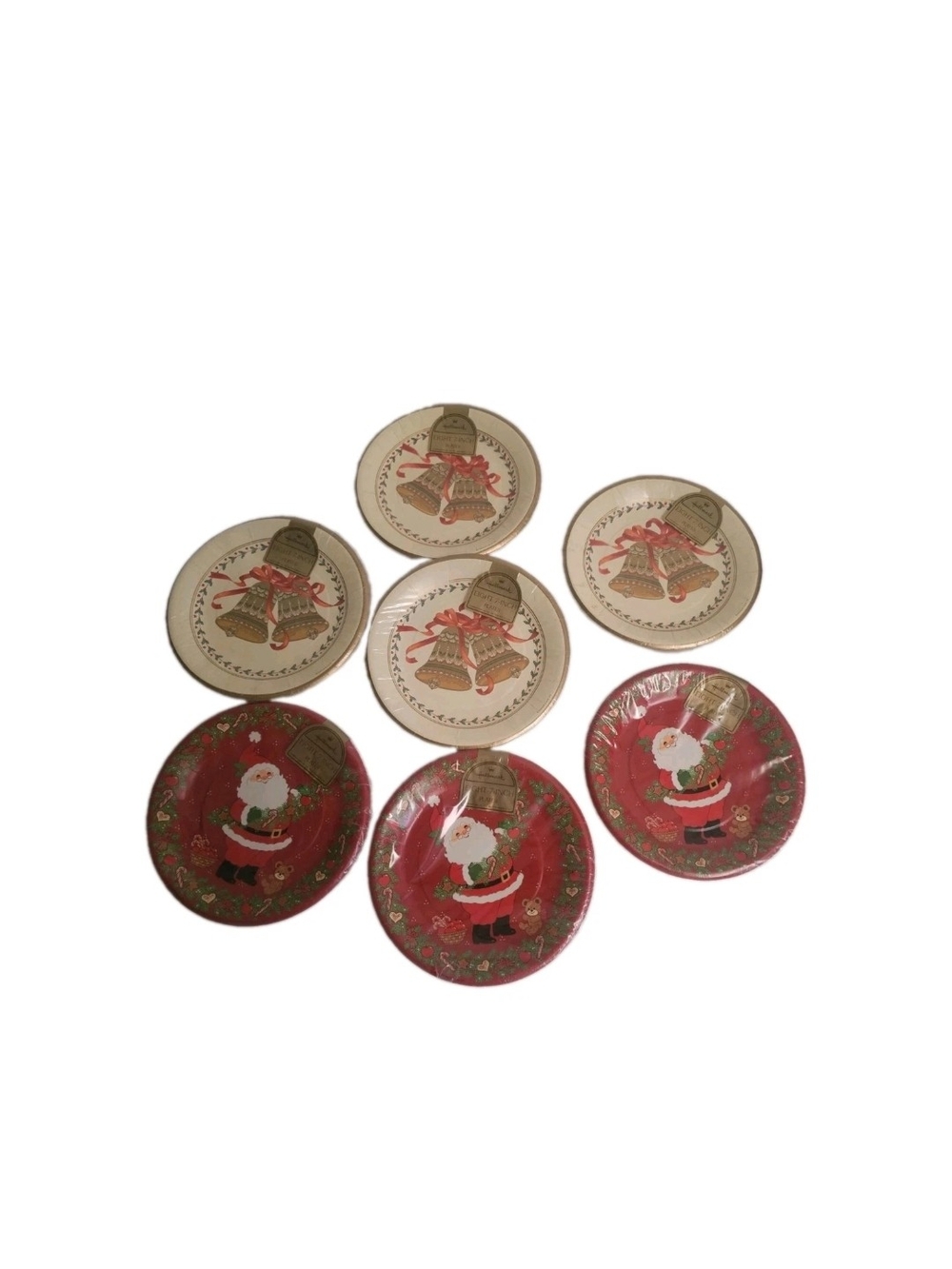 Vintage Hallmark Christmas 7" Paper Plate Red Santa Clause Gold Bells 7 Sets